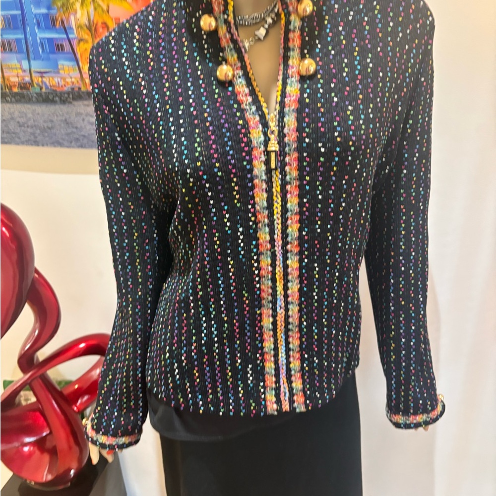 St. John Black Tweed Blazer Multicolor Trim pink orange L 12 14 buttons